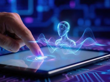 Futuristic AI voice support service concept with hand interacting on tablet display