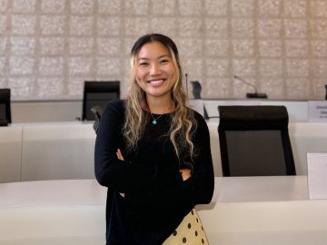 ESMT Berlin Full-time MBA student Ting Han in a lecture hall on campus
