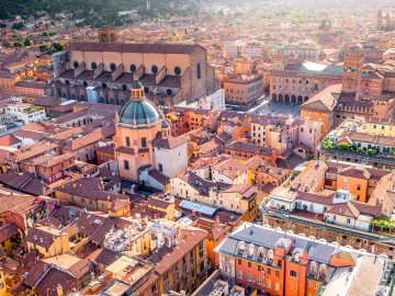 the old city centre of Bologna showing the cathedral