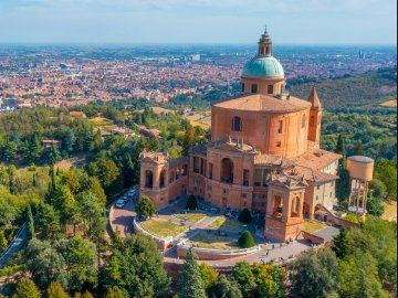 Aerial view of Bologna, showing the Sanctuary of San Luca and the view over the city