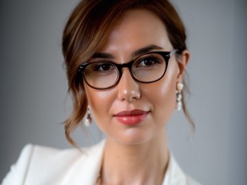 Studio portrait of woman in glasses wearing a white blazer and pearl earrings.