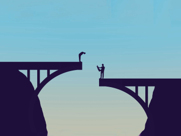 people standing on a misaligned bridge