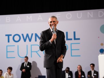 President Barack Obama speaking at ESMT Berlin for the Obama Foundation Town Hall Europe. 
