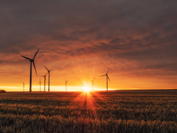 Wind turbines at sunrise in Biedesheim, Germany 
