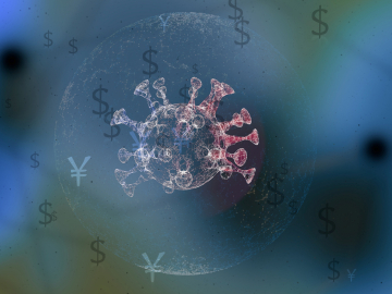 Concept of virus and economics. 3d render of germ inside a transparent bubble over dark background with dollar and yen icons floating around.