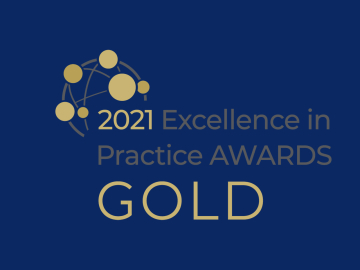 EFMD 2021 Excellence in practice awards gold logo on blue background 