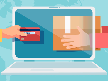 arms reaching into laptop screen with credit card and shopping bag 