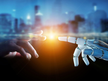 White cyborg finger about to touch human finger 3D rendering