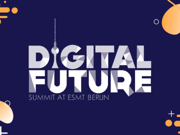 Words: Digital Future Summit at ESMT Berlin on blue background 