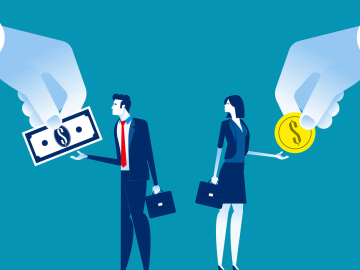 Hand reaching from left corner giving male a dollar note and hand reaching from right corner giving female less money in coins 