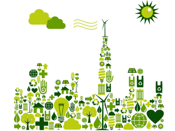 Green City silhouette with environmental icons — Vector