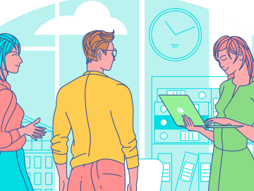 Graphic of two females and a male working in an office together 