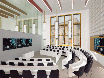 Visual representation of the future use of the former Kinosaal. The room will include 2 new auditoria