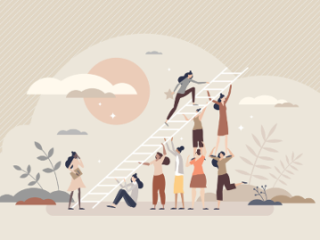 Different women holding a ladder while another woman is climbing it up