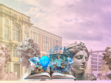 esmt building and female statues in the background, book with visuals popping out in the middle of it.