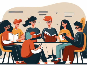A group of peolpe is sitting together around a round table and reading books