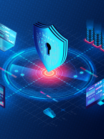 Security in a connected world. This isometric visualization of a glowing shield over a digital grid represents robust cybersecurity, protecting data across devices and clouds through advanced encryption and real-time monitoring.