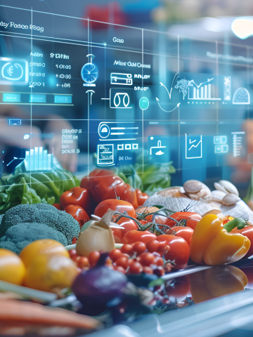 Data-driven freshness. This image showcases the future of food technology, where digital overlays provide real-time nutritional insights and quality tracking for fresh produce, bridging the gap between the farm and the smart kitchen.