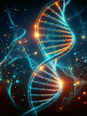 The blueprint of life meets the power of data. This visualization of a glowing DNA double helix intertwined with digital networks represents the intersection of biotechnology and computing—redefining what it means to be human in the age of information.