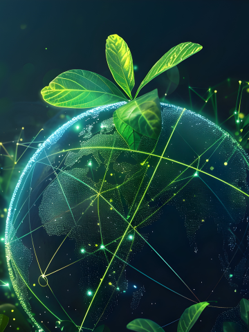 Technology and nature in harmony. This image represents a green digital future, where global connectivity and intelligent systems work together to protect and nurture our planet.