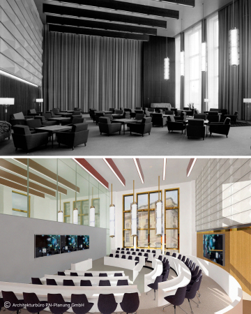 A before-and-after comparison showing a transformation of a large hall. The top image is a black-and-white photo of a mid-century lounge with armchairs. The bottom image is a modern 3D architectural rendering of the same space redesigned as a circular lecture hall with tiered seating and digital screens.