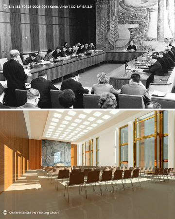 A before-and-after architectural comparison of a conference room. The top image is a black-and-white photograph of people seated around a large U-shaped wooden table in a formal meeting. The bottom image is a modern 3D rendering of the same space, now featuring bright windows, rows of individual chairs, and updated lighting.