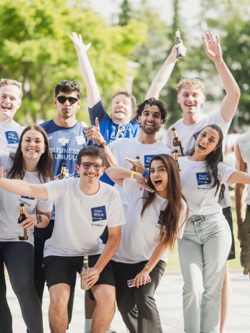 ESMT Berlin Full-time MBA student Scott Davis and students from across the degree programs at the ESMT Olympics