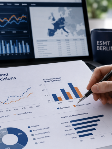 Economic expectations research materials displayed on a desk, including charts, data visualizations, and a laptop showing economic indicators and survey results.
