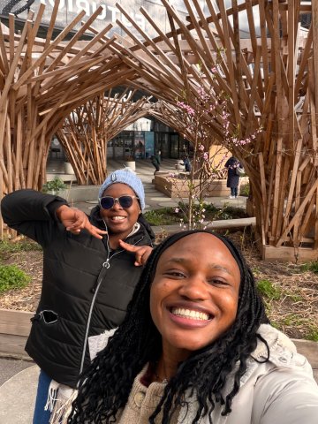 ESMT Global Master in Management student Morade Adeniji and a classmate in Berlin, smiling for a selfie