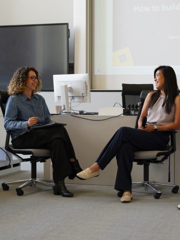 ESMT Berlin Full-time MBA students Beatriz Sgobi and the panel of student speakers she organized for a peer-led careers event