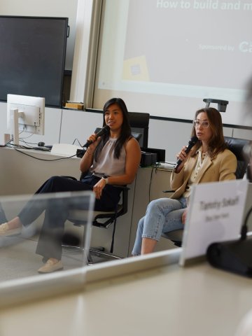 ESMT Berlin Full-time MBA students Beatriz Sgobi and the panel of student speakers she organized for a peer-led careers event