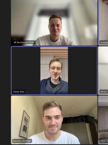 Portrait of ESMT Berlin Master in Analytics and AI student Fynn Barkhausen and his consulting team in a Zoom meeting