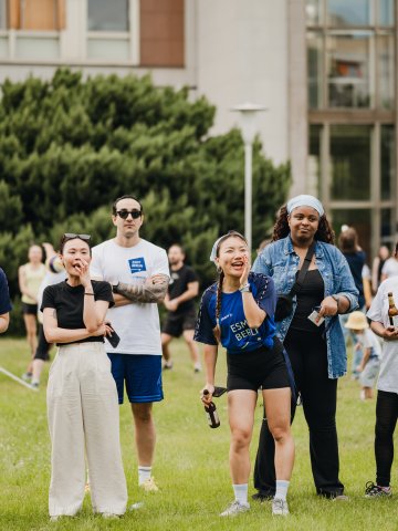 ESMT Berlin Full-time MBA students Ting Han and classmates being cheerleaders at the ESMT Olympics