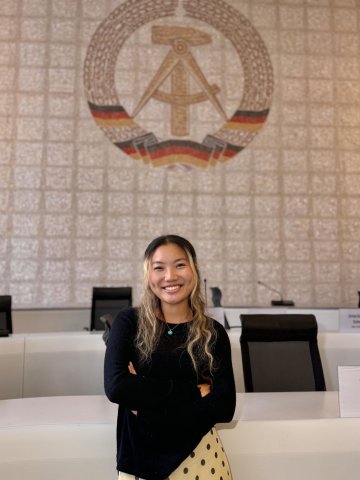ESMT Berlin Full-time MBA student Ting Han in a lecture hall on campus