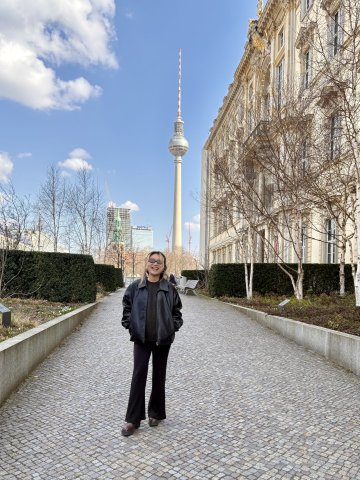 ESMT Berlin Full-time MBA student Ting Han in front of the TV tower in Berlin