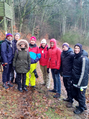 ESMT Berlin Full-time MBA alum Animesh Srivastav and classmates on an off-campus learning module in the forest