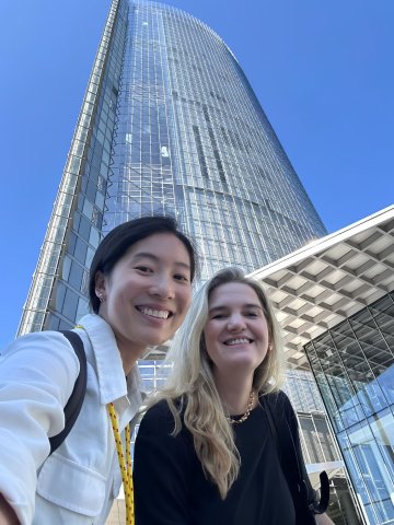 Andreza André da Rocha, Senior Career Development & Employer Relations Manager visiting a student at DHL during her internship