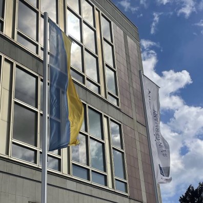 ESMT campus with the Ukrainian flag flying