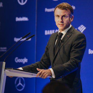 French President Emmanuel Macron at the Berlin Global Dialogue 2025 presented by ESMT