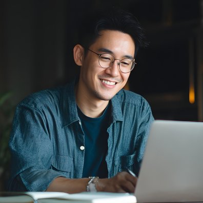 Man in his thirties watching a webinar on his home laptop. He is wearing glasses and smiling with interest