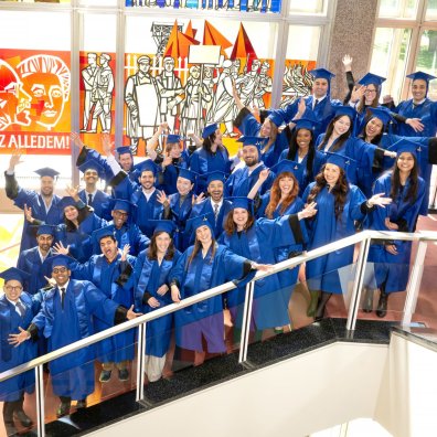 The ESMT Full-time MBA graduating class of 2026 in their blue graduation gowns