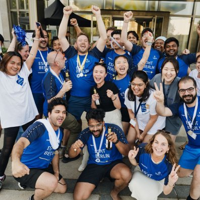 ESMT Berlin Full-time MBA students celebrating after winning medals at the ESMT Olympics