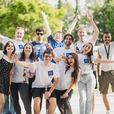 ESMT Berlin Full-time MBA student Scott Davis and students from across the degree programs at the ESMT Olympics