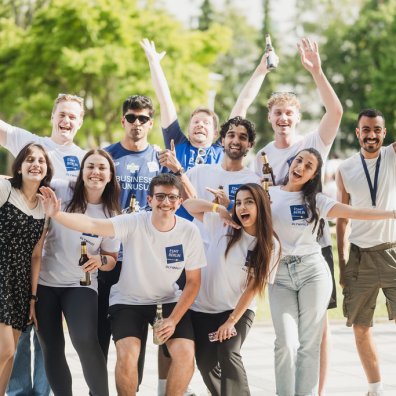 ESMT Berlin Full-time MBA student Scott Davis and students from across the degree programs at the ESMT Olympics