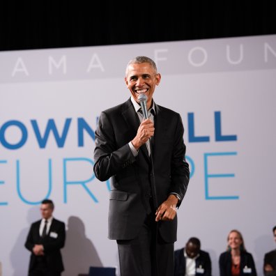 President Barack Obama speaking at ESMT Berlin for the Obama Foundation Town Hall Europe. 