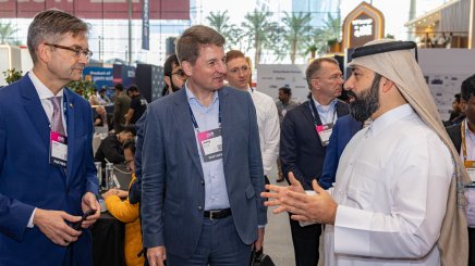 Oliver Owza, german embassador to Qatar (left), Jörg Rocholl, president of ESMT Berlin, Eng. Omar Ali Al-Ansari​, secretary general, Qatar Research, Development, and Innovation (QRDI) Council (right), at the DEEP Qatar press conference, Web Summit, Doha, February 3, 2026