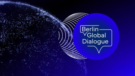Berlin Global Dialogue logo on blue circle with abstract dotted globe