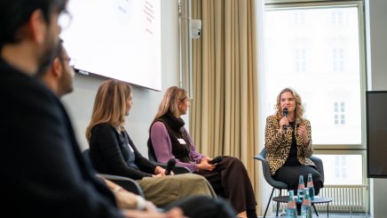 Andreza André da Rocha, Senior Career Development & Employer Relations Manager at ESMT Berlin and guests having a panel discussion on stage during the ESMT Career Fair