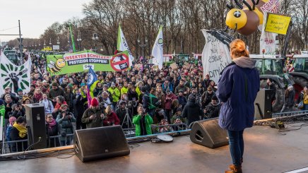Myriam Rapior speaking in front of 20-30,000 activists
