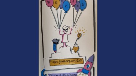 Sketch of a woman standing on a podium at graduation holding balloons
